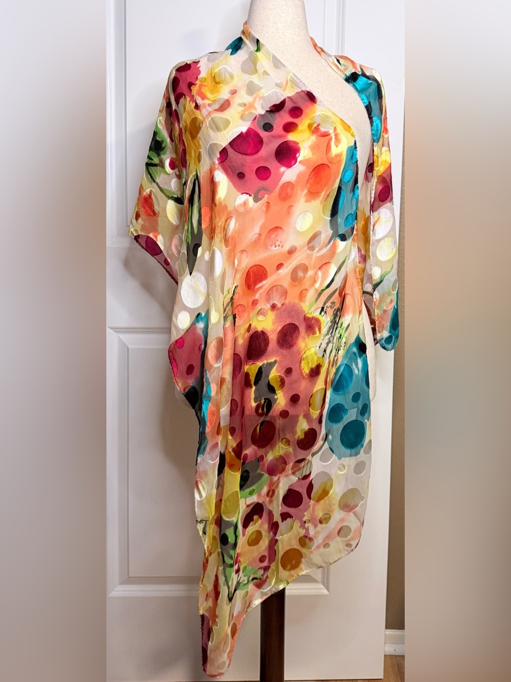 Gorgeous Chiffon/Satin Multicolor Vibrant Watercolor Abstract 100% Silk Scarf OS